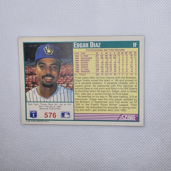 1991 Score Edgar Diaz Milwaukee Brewers #576 Baseball Card - Picture 3 of 4